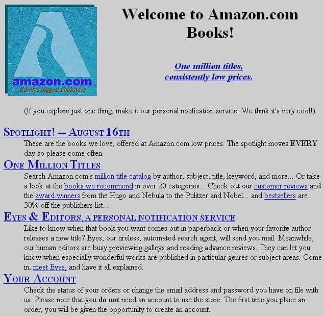 Recreated 1995 Amazon.com Books homepage with search box and browse CTA.